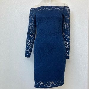 H Queen Long Sleeve Scalloped Off Shoulder Cocktail Dress Navy Size Small NWT